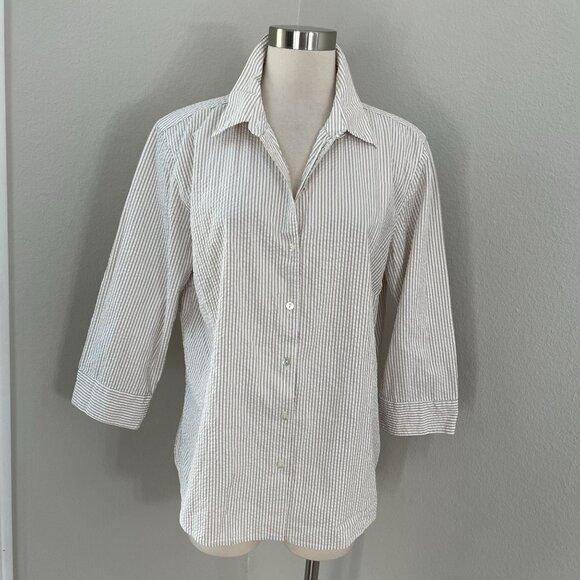 LL Bean Womens XL Seersucker Button Up Shirt Tan Striped 3/4 Sleeve Blouse - Picture 1 of 11
